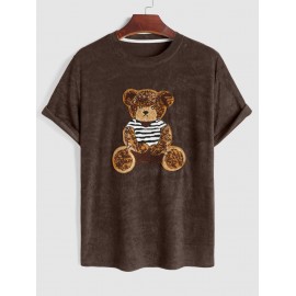 Men's Terry Cloth Crew Neck Cartoon Bear Applique Casual Funny Short Sleeves T Shirt