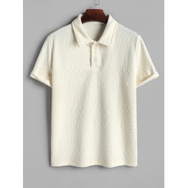 Geometric Jacquard Textured Quarter Button Polo Collared Short Sleeves T Shirt