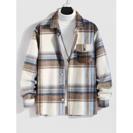 Men's Plaid Checks Colorblock Pocket Design Woolen Turn Down Collar Coat