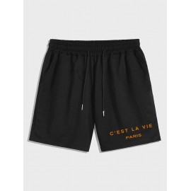 Letter C'EST LA VIE PARIS Graphic Printed Drawstring Shorts