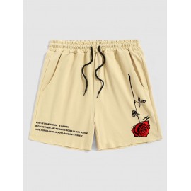 Men's Rose Slogan Printed Casual Drawstring Shorts