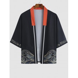 Sea Waves Print Colorblock Collar Casual Kimono