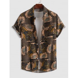 Sunflowers Pattern Cotton And Linen Textured Short Sleeves ShirtDeep Coffee